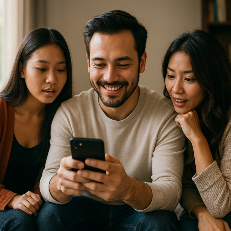 Tiga anak muda Asia sedang berinteraksi menggunakan smartphone dan laptop, mencerminkan perubahan perilaku sosial di era digital.